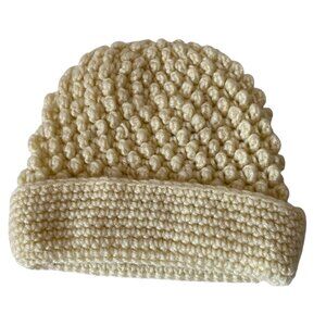 Vintage 100% Acrylic Textured Cream Chunky Knit Beanie Hat Fisherman Japan